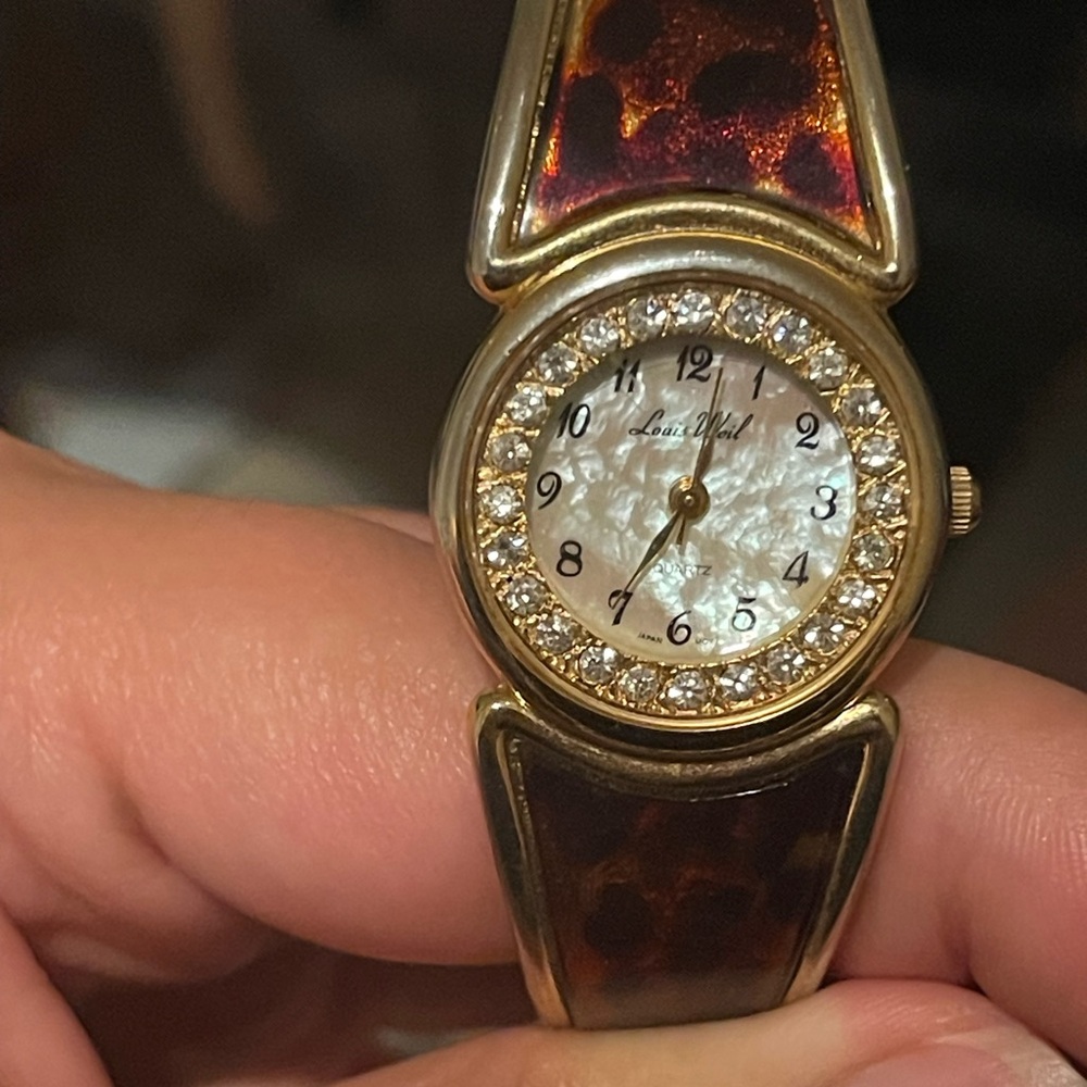 Louis Weil Gold-tone Bangle Watch— Vintage Glamour with Tortoiseshell & Crystals